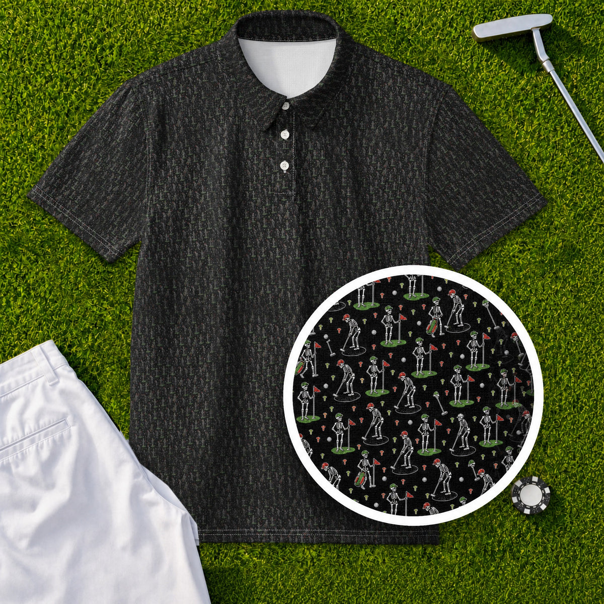 Skeleton Caddie Performance Print Polo