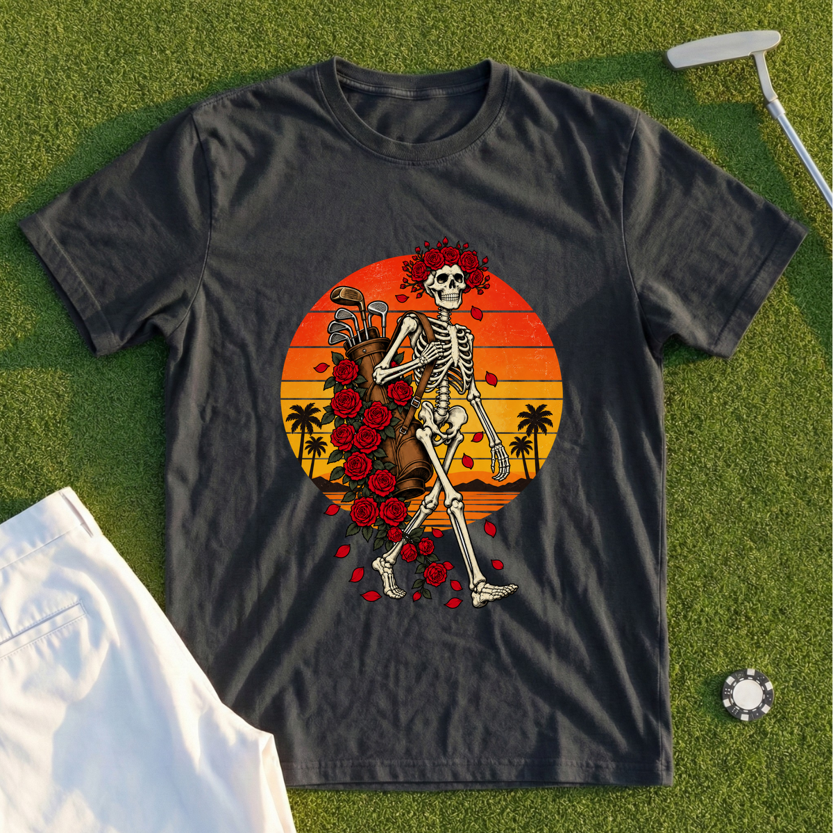 Skeleton Caddie Sunset Tee
