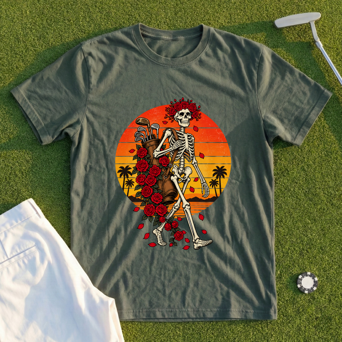 Skeleton Caddie Sunset Tee
