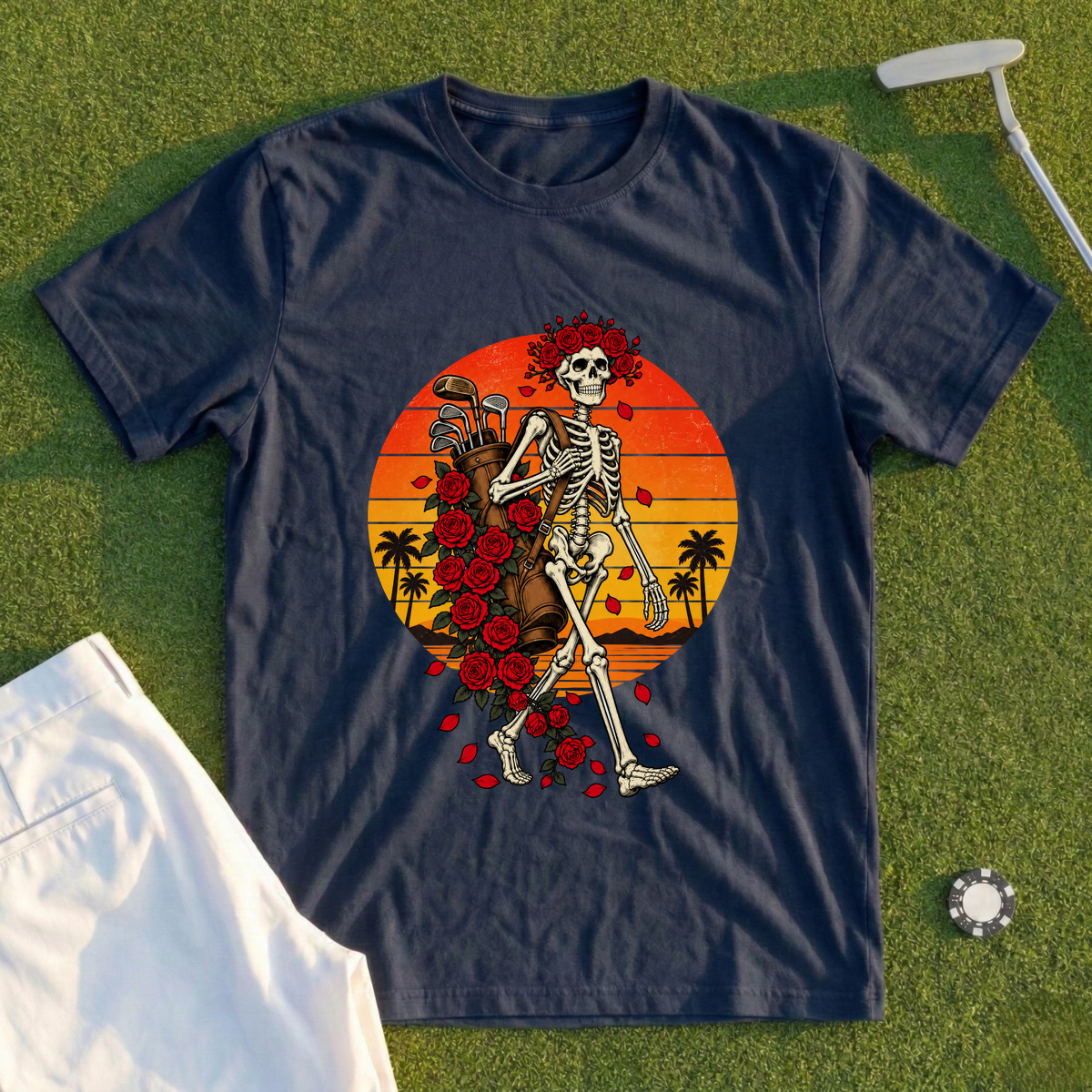 Skeleton Caddie Sunset Tee