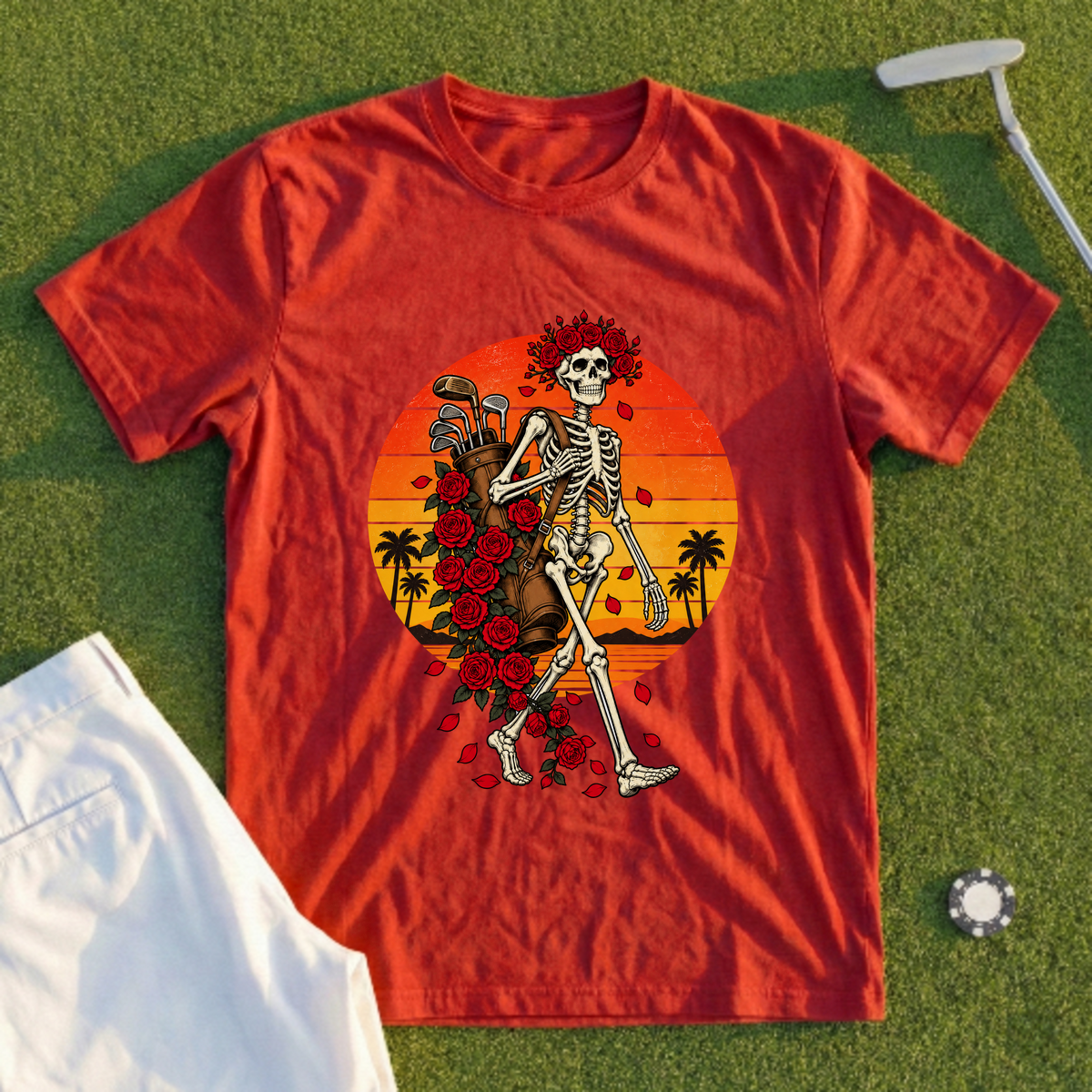 Skeleton Caddie Sunset Tee