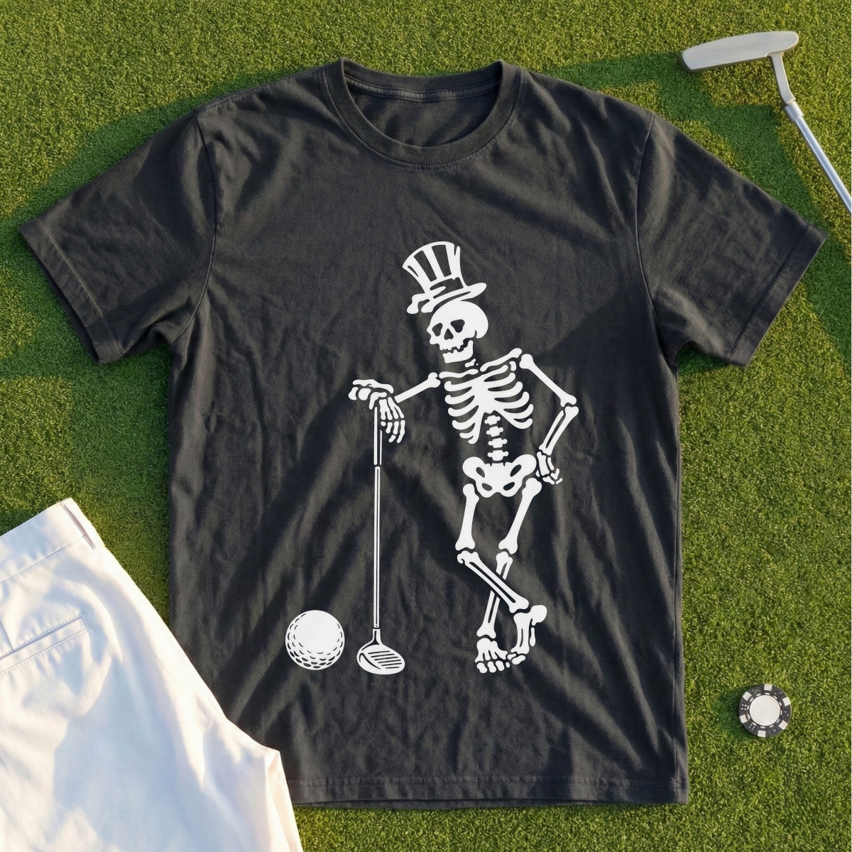 Skeleton Leaning On Driver Tee