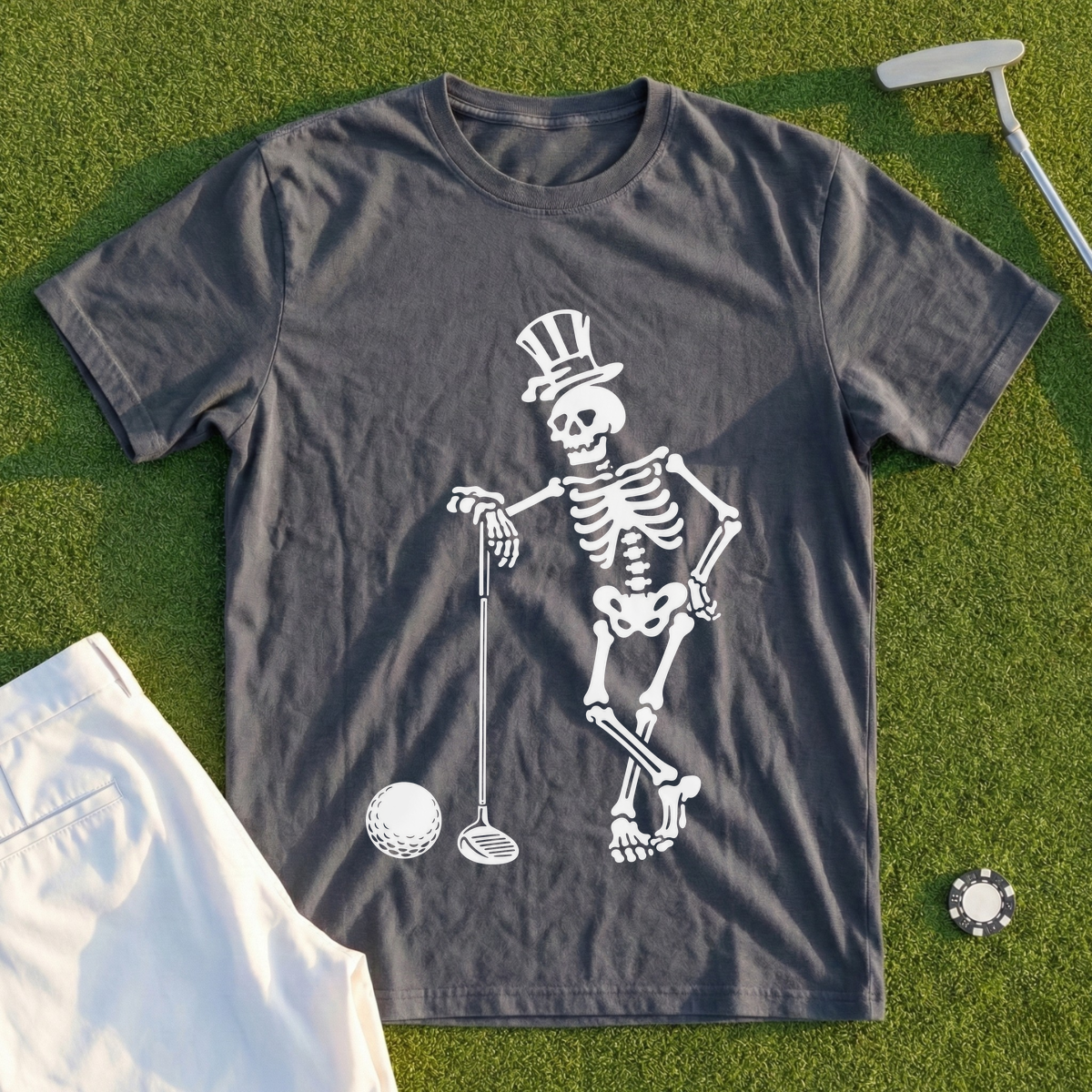 Skeleton Leaning On Driver Tee