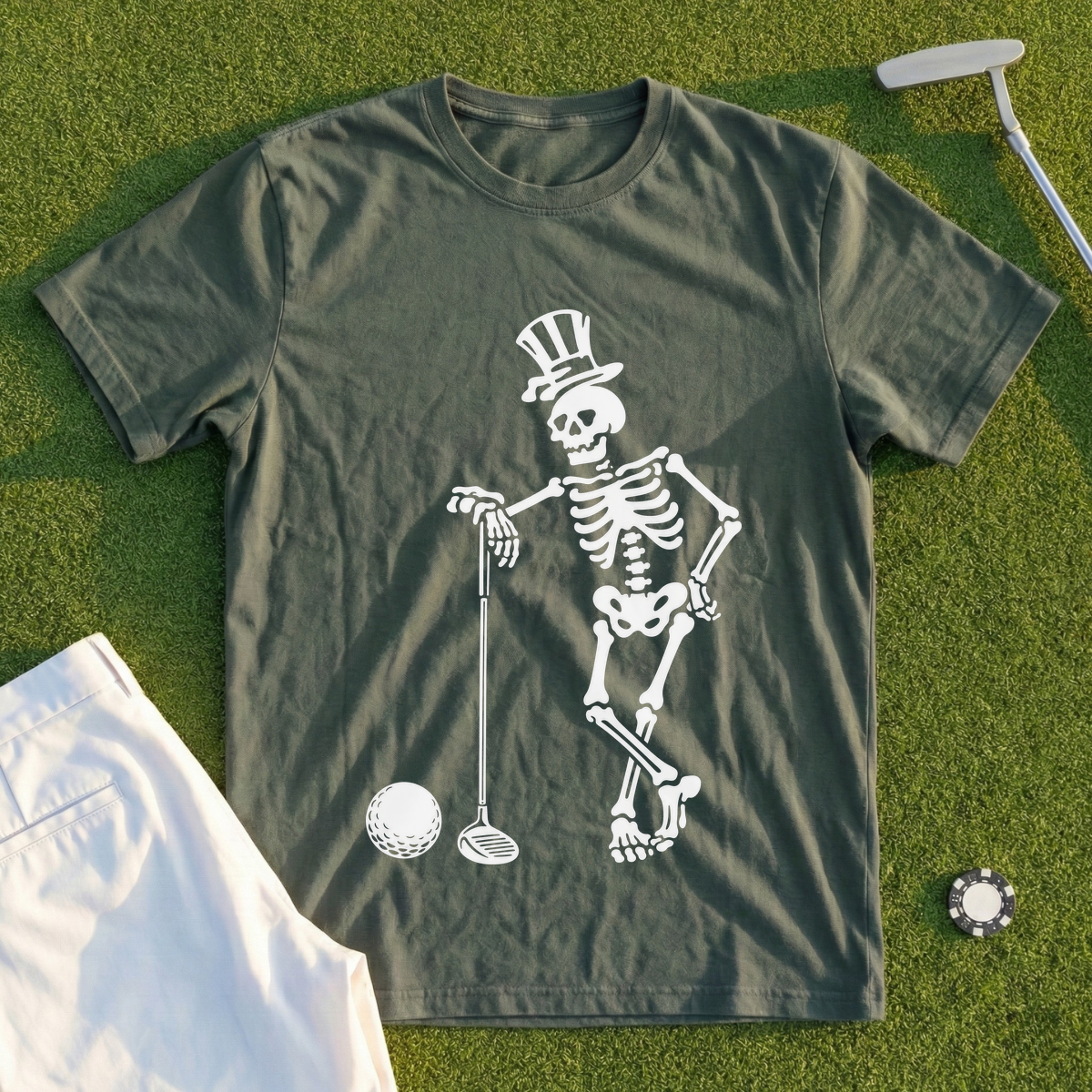 Skeleton Leaning On Driver Tee