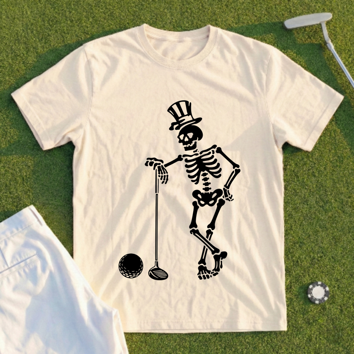 Skeleton Leaning On Driver Tee