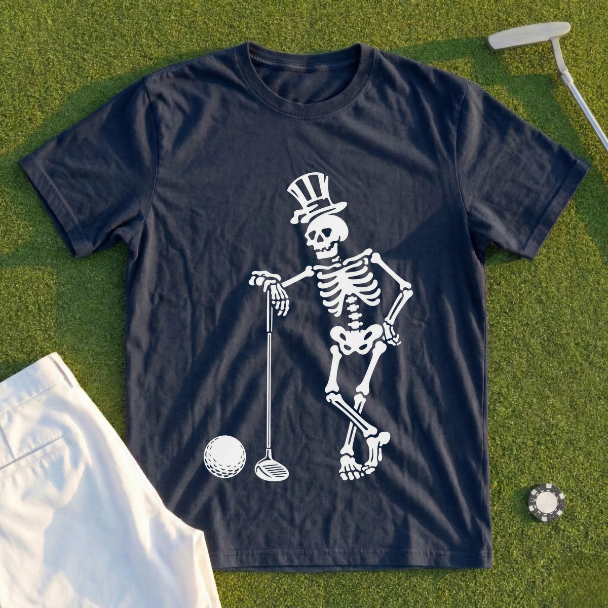 Skeleton Leaning On Driver Tee