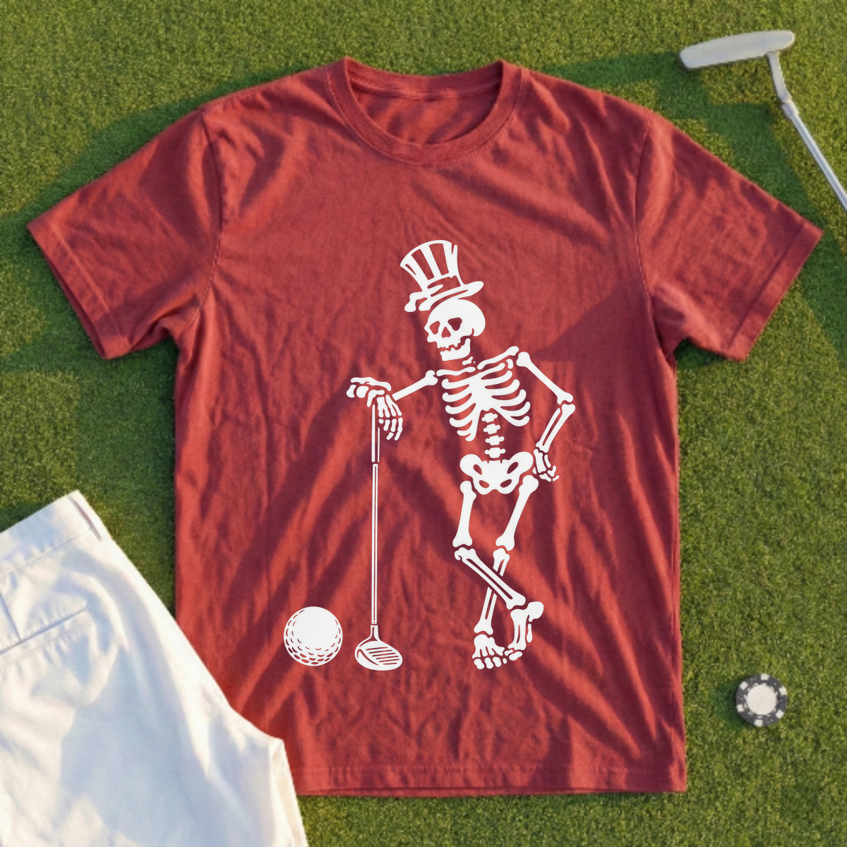 Skeleton Leaning On Driver Tee