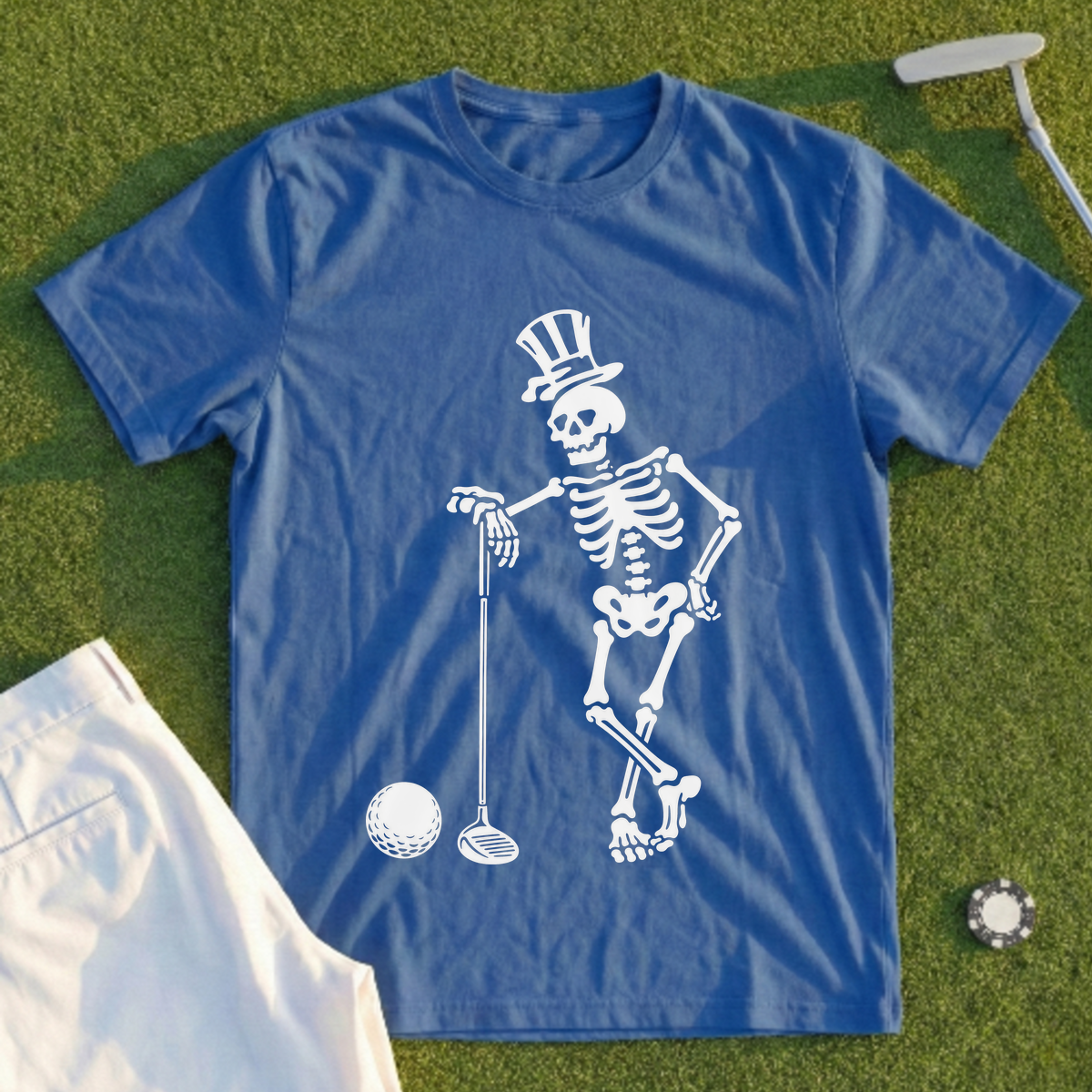 Skeleton Leaning On Driver Tee