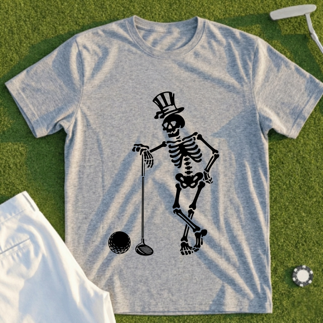 Skeleton Leaning On Driver Tee