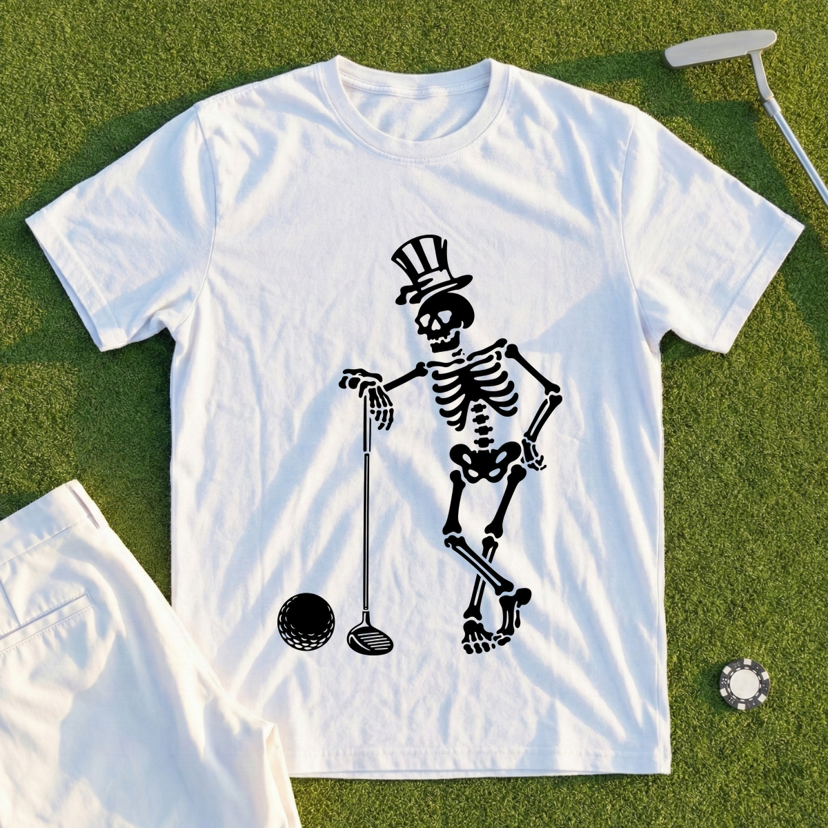 Skeleton Leaning On Driver Tee