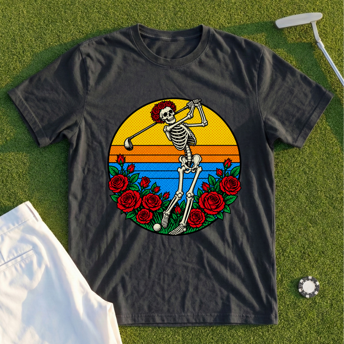 Skeleton Swing Sunset Pop Art Tee
