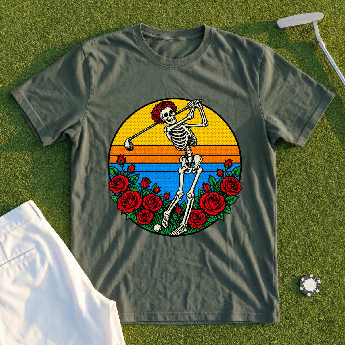 Skeleton Swing Sunset Pop Art Tee