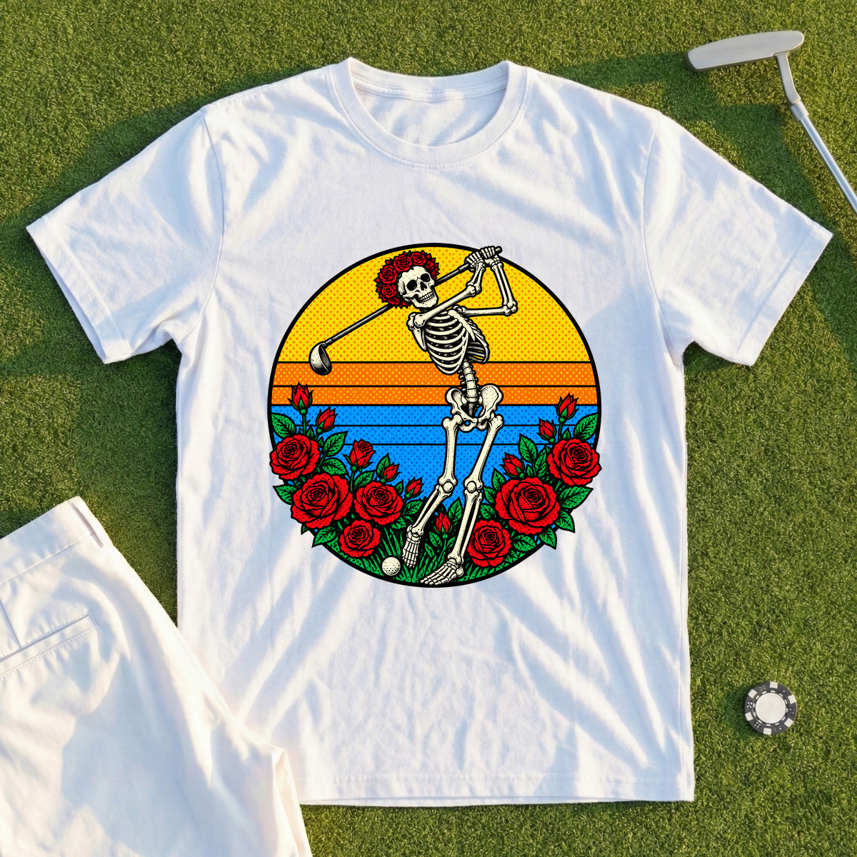 Skeleton Swing Sunset Pop Art Tee