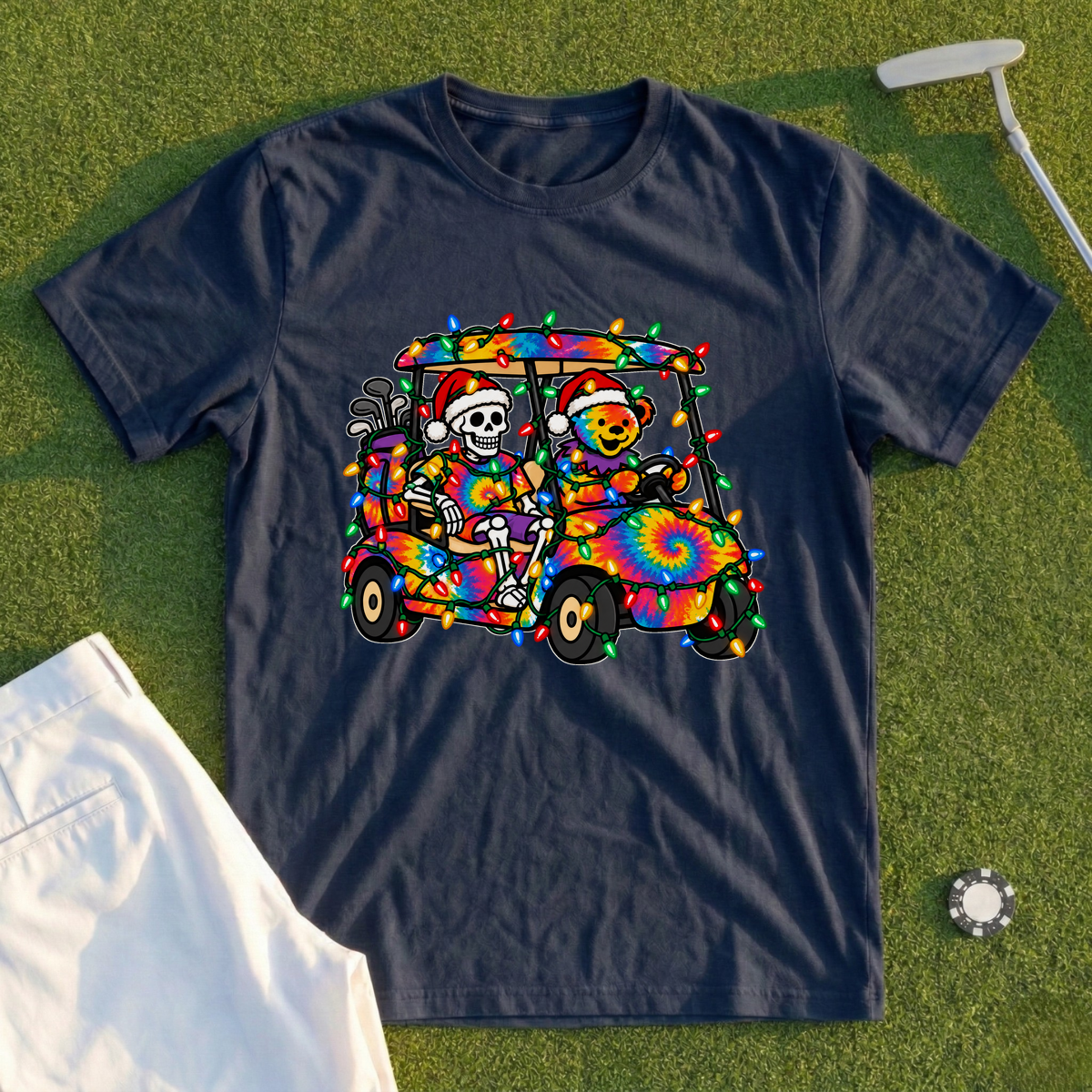 Tie Dye Golf Cart Christmas Lights Tee