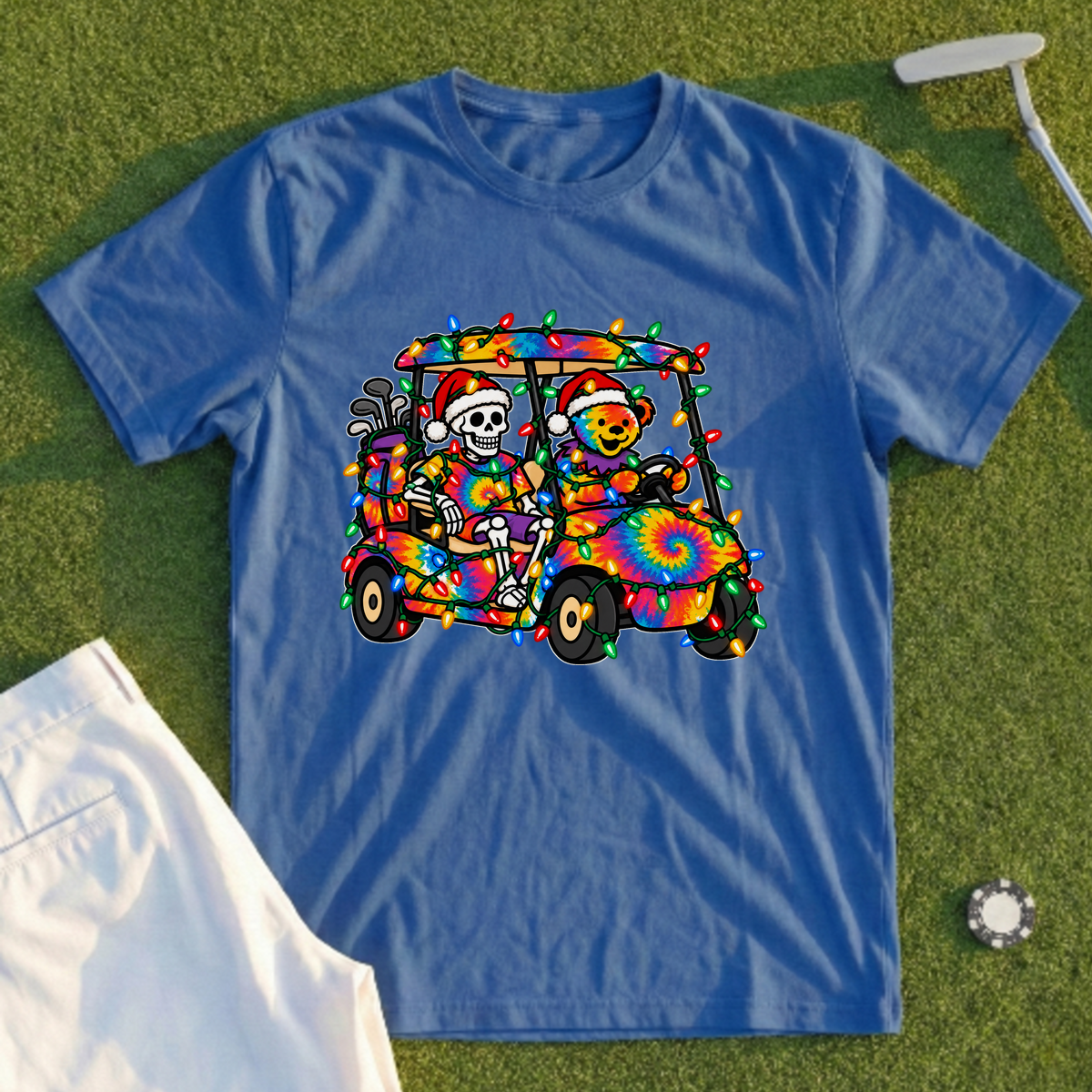 Tie Dye Golf Cart Christmas Lights Tee