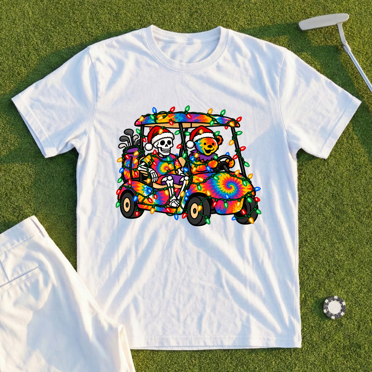 Tie Dye Golf Cart Christmas Lights Tee