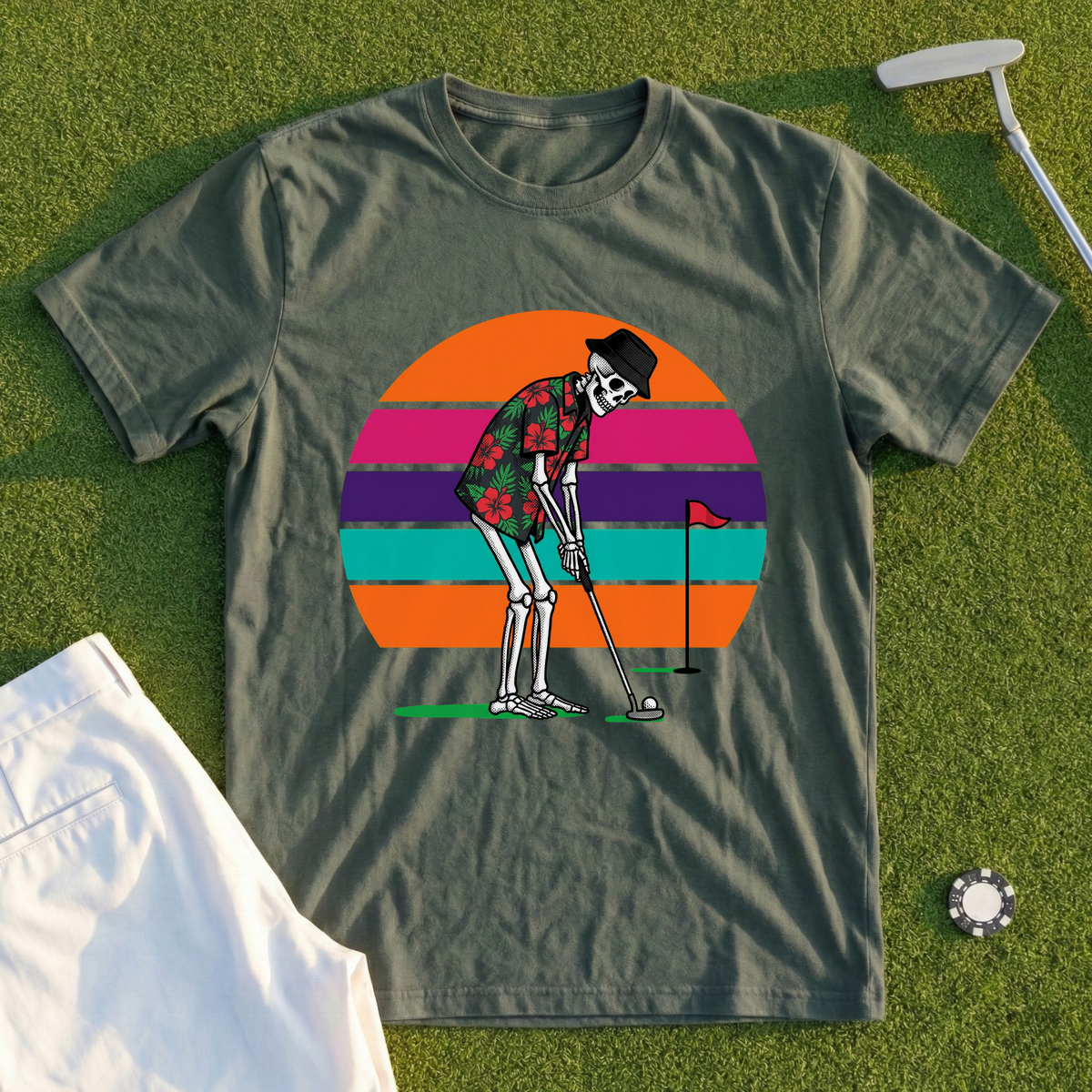 Tropical Skeleton, Halftone Sunset Putt Tee
