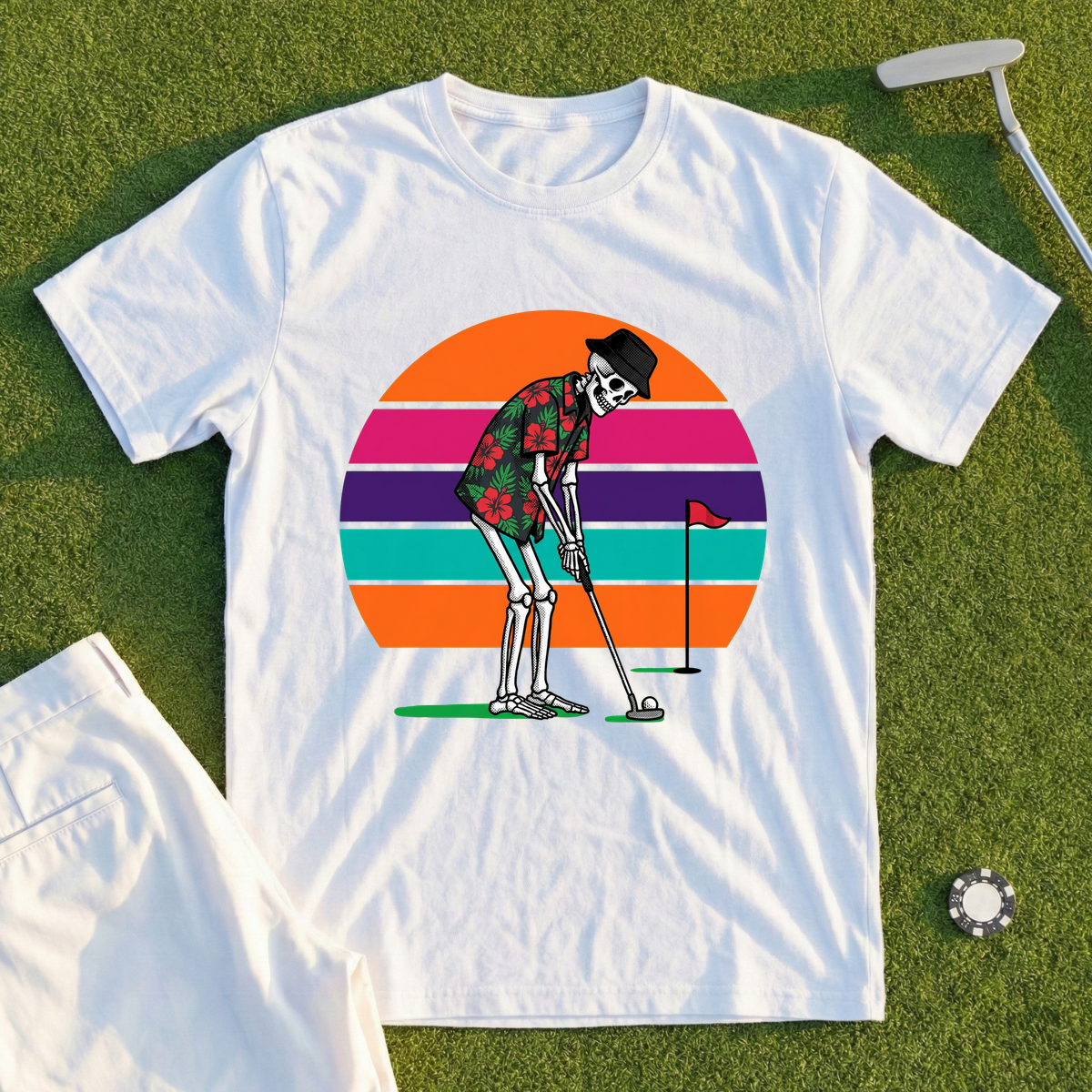 Tropical Skeleton, Halftone Sunset Putt Tee