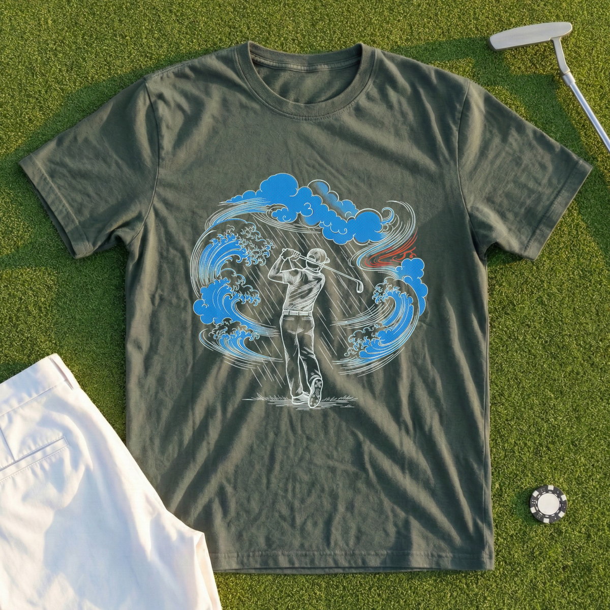 Ukiyo-e Woodblock Golfer In A Storm Tee