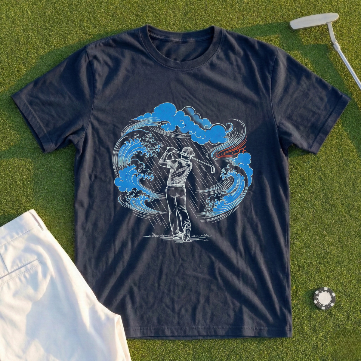 Ukiyo-e Woodblock Golfer In A Storm Tee