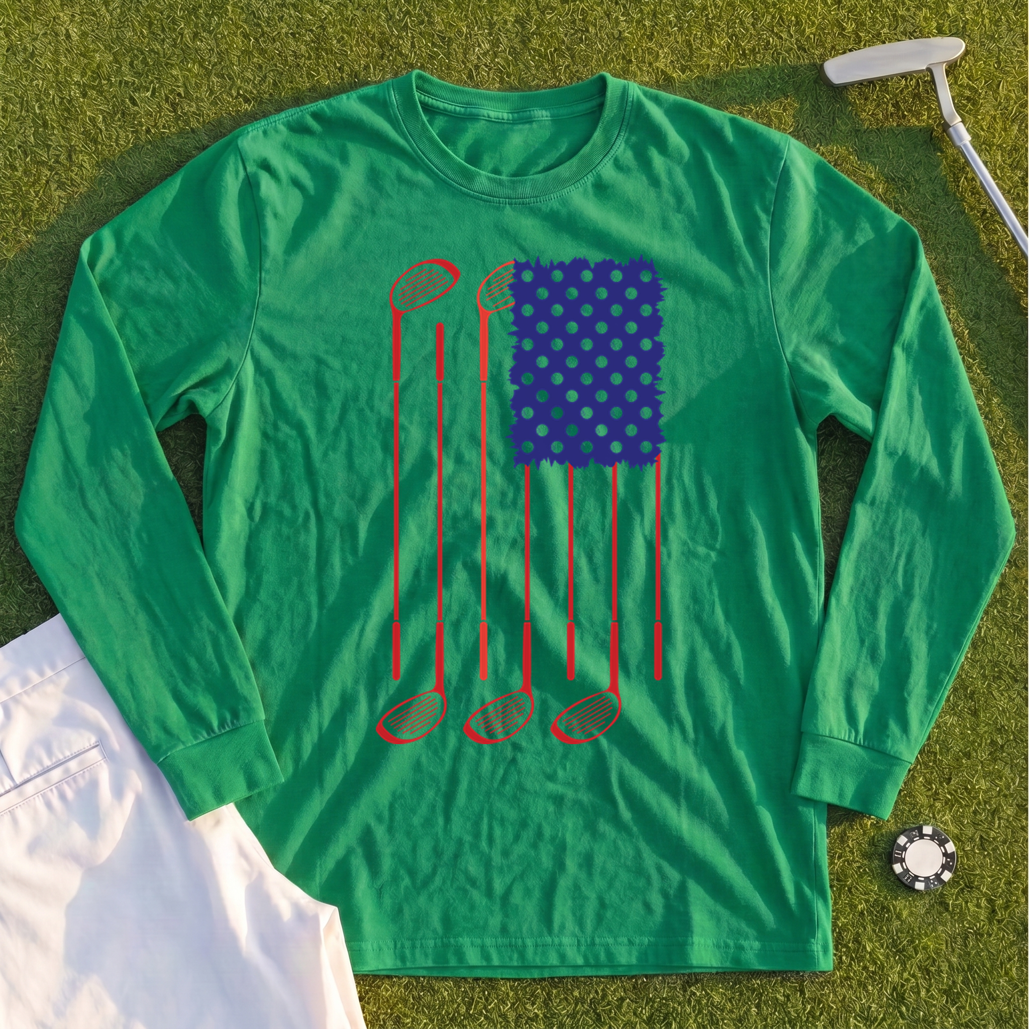 USA Flag Clubs & Balls Long Sleeve Tee