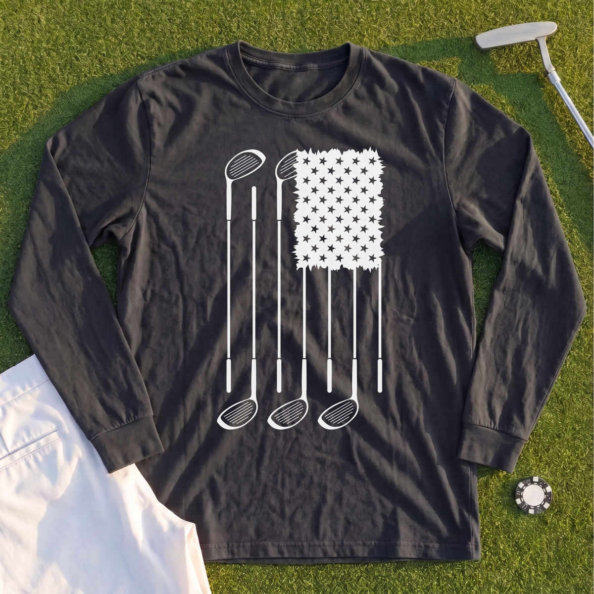 USA Flag Clubs & Stars Long Sleeve Tee