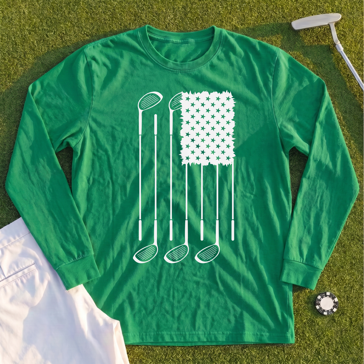USA Flag Clubs & Stars Long Sleeve Tee