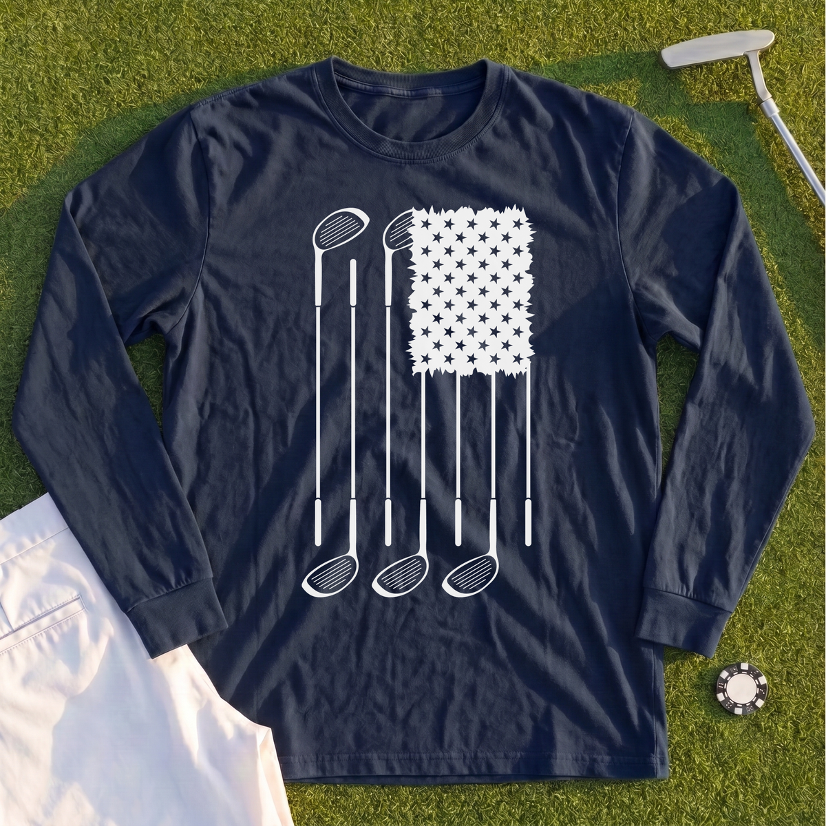 USA Flag Clubs & Stars Long Sleeve Tee