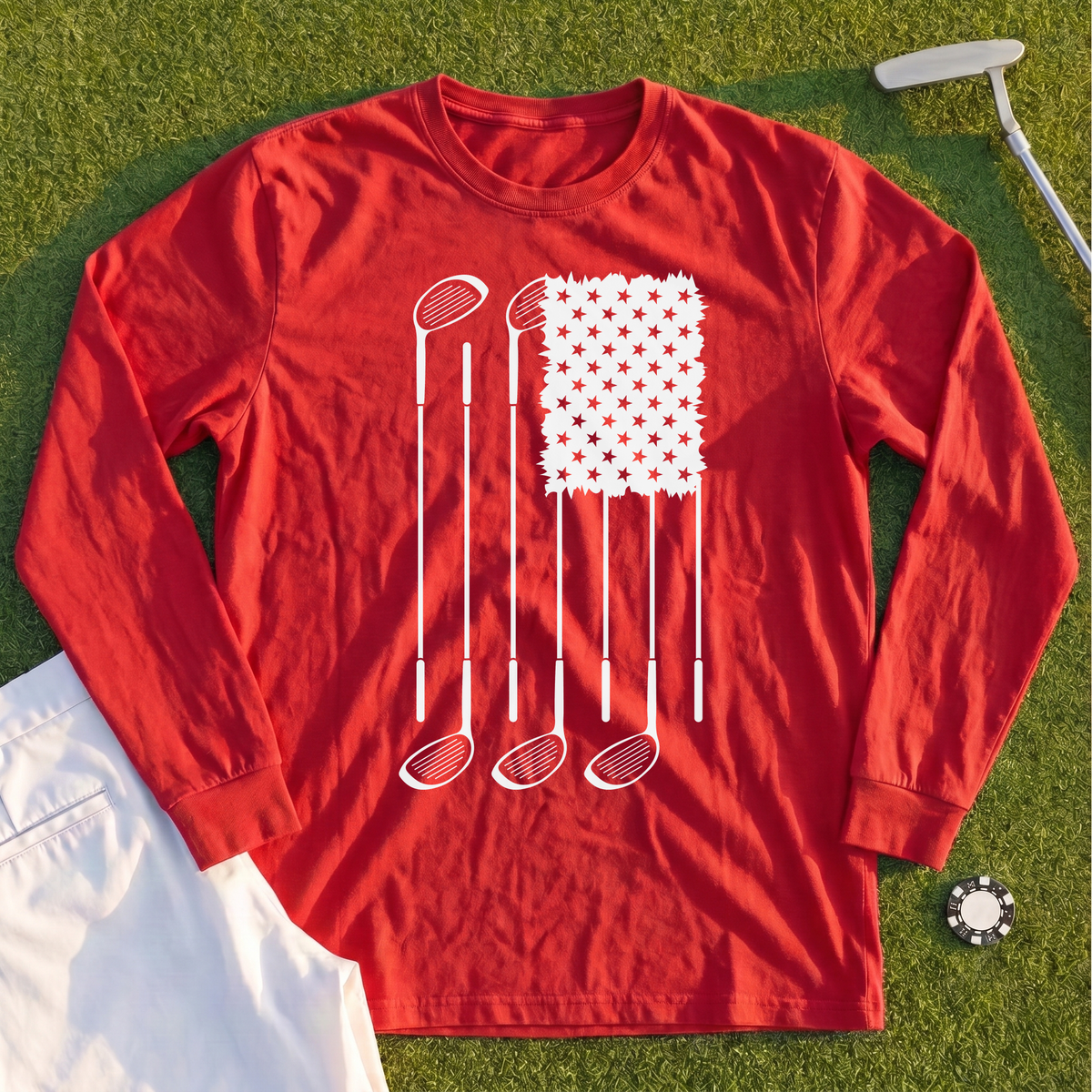 USA Flag Clubs & Stars Long Sleeve Tee