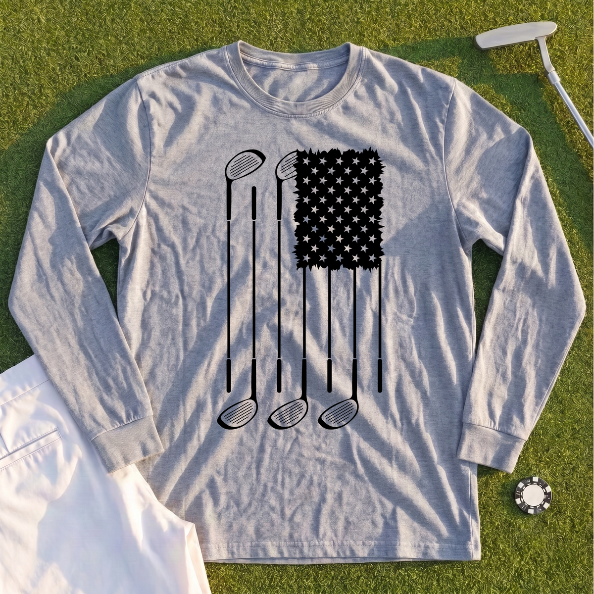 USA Flag Clubs & Stars Long Sleeve Tee