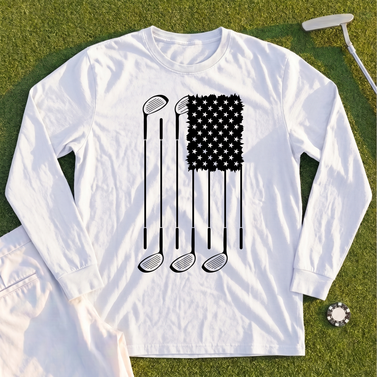USA Flag Clubs & Stars Long Sleeve Tee