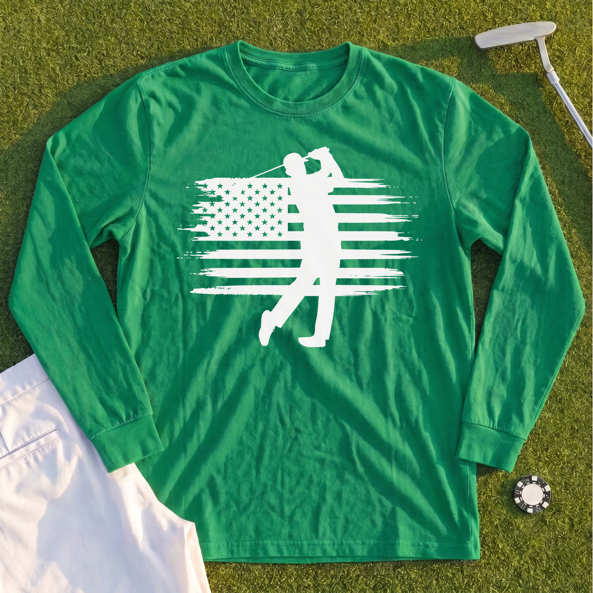 USA Flag Golfer Long Sleeve Tee