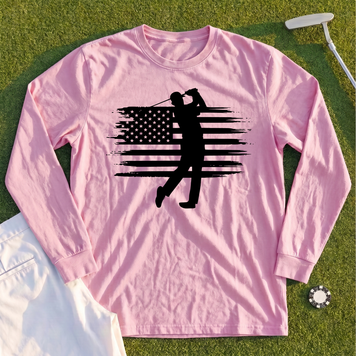 USA Flag Golfer Long Sleeve Tee