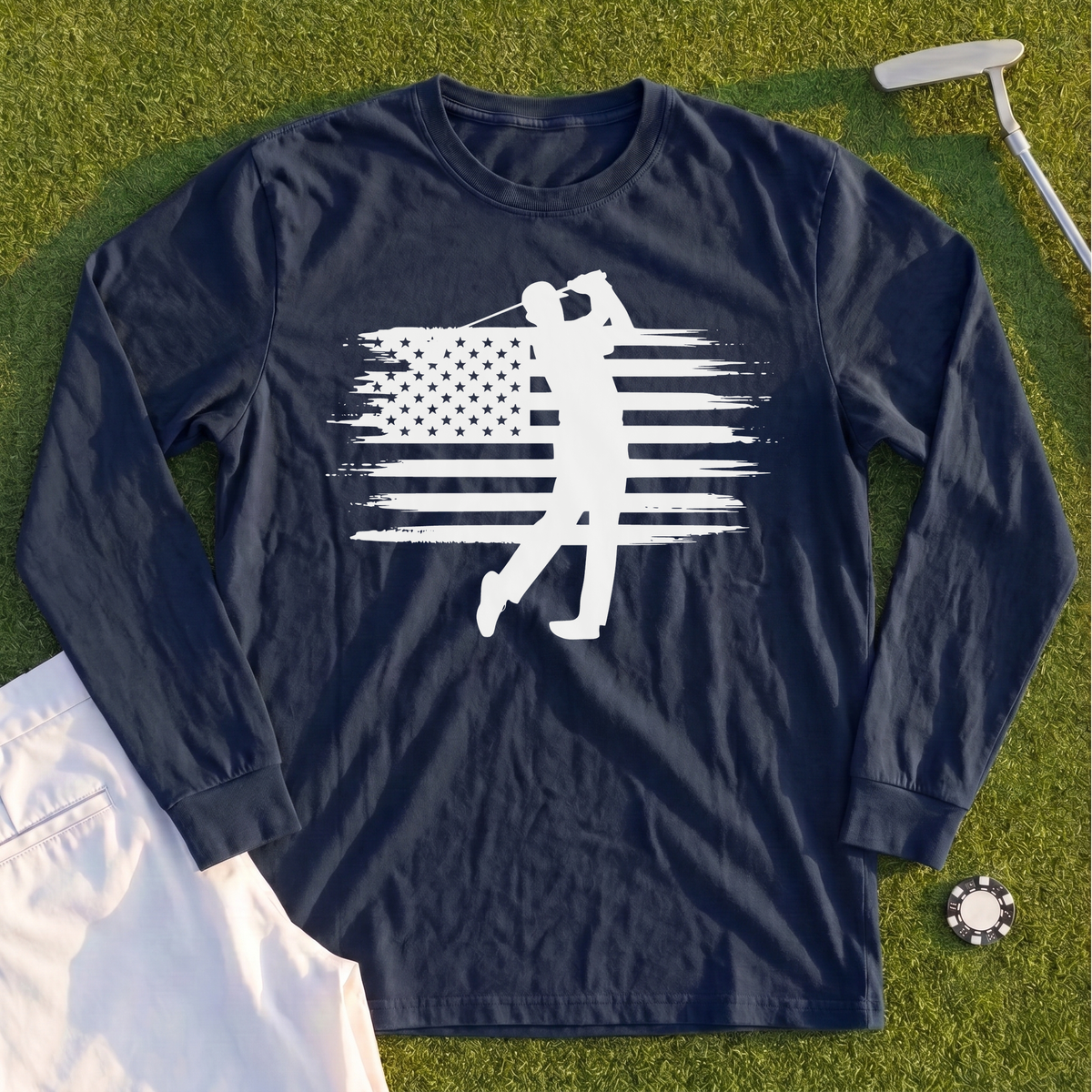 USA Flag Golfer Long Sleeve Tee