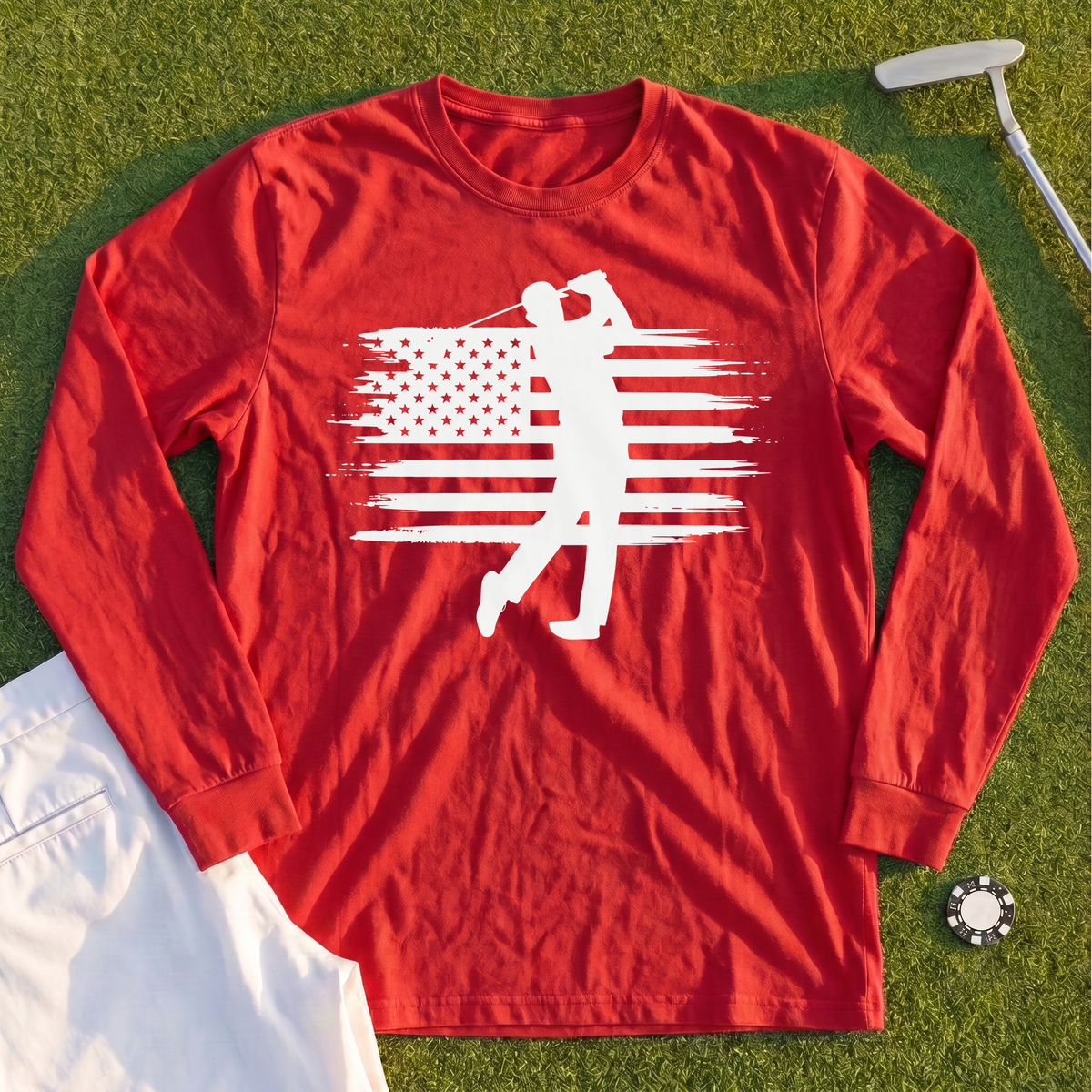 USA Flag Golfer Long Sleeve Tee