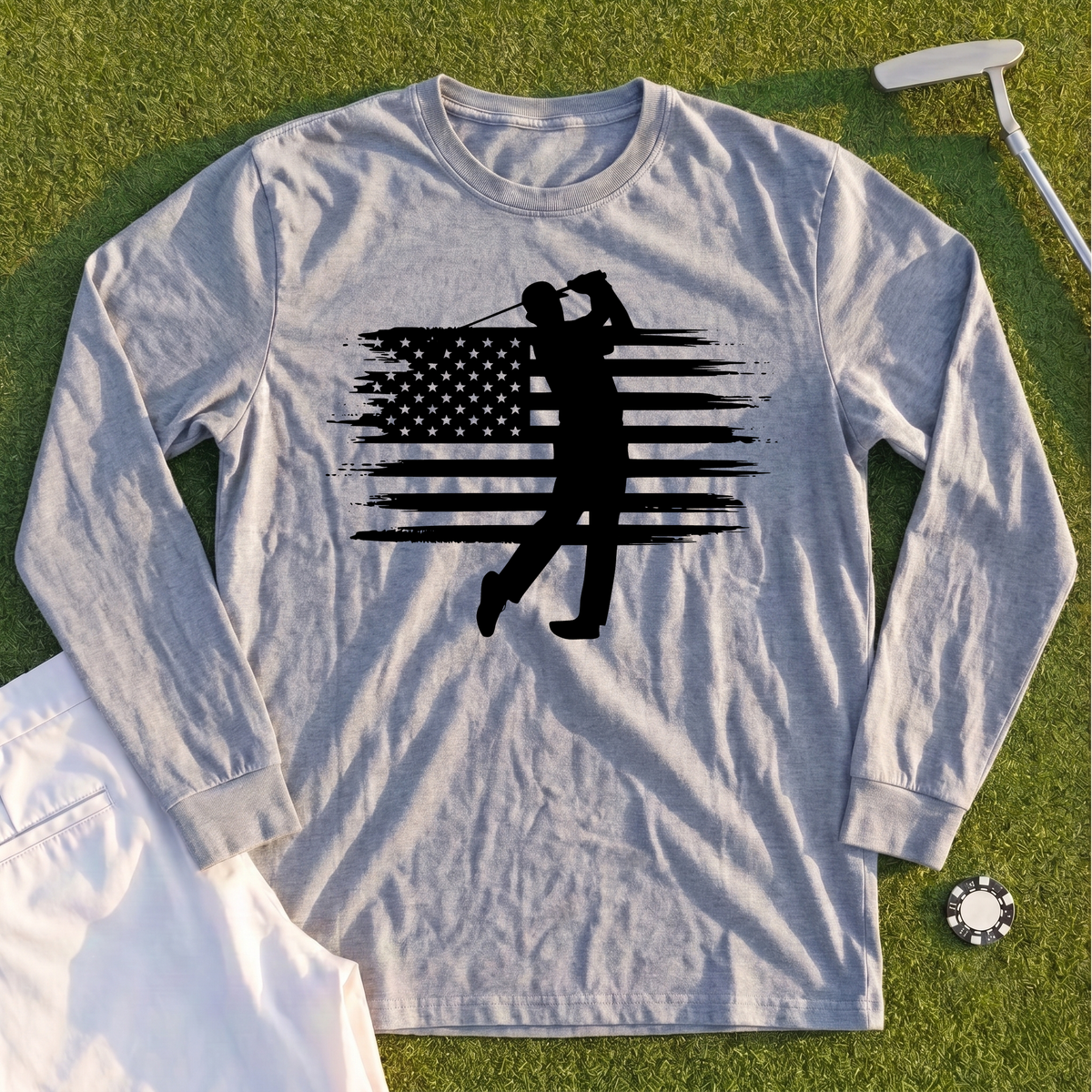 USA Flag Golfer Long Sleeve Tee