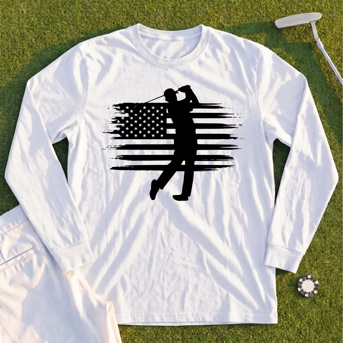 USA Flag Golfer Long Sleeve Tee