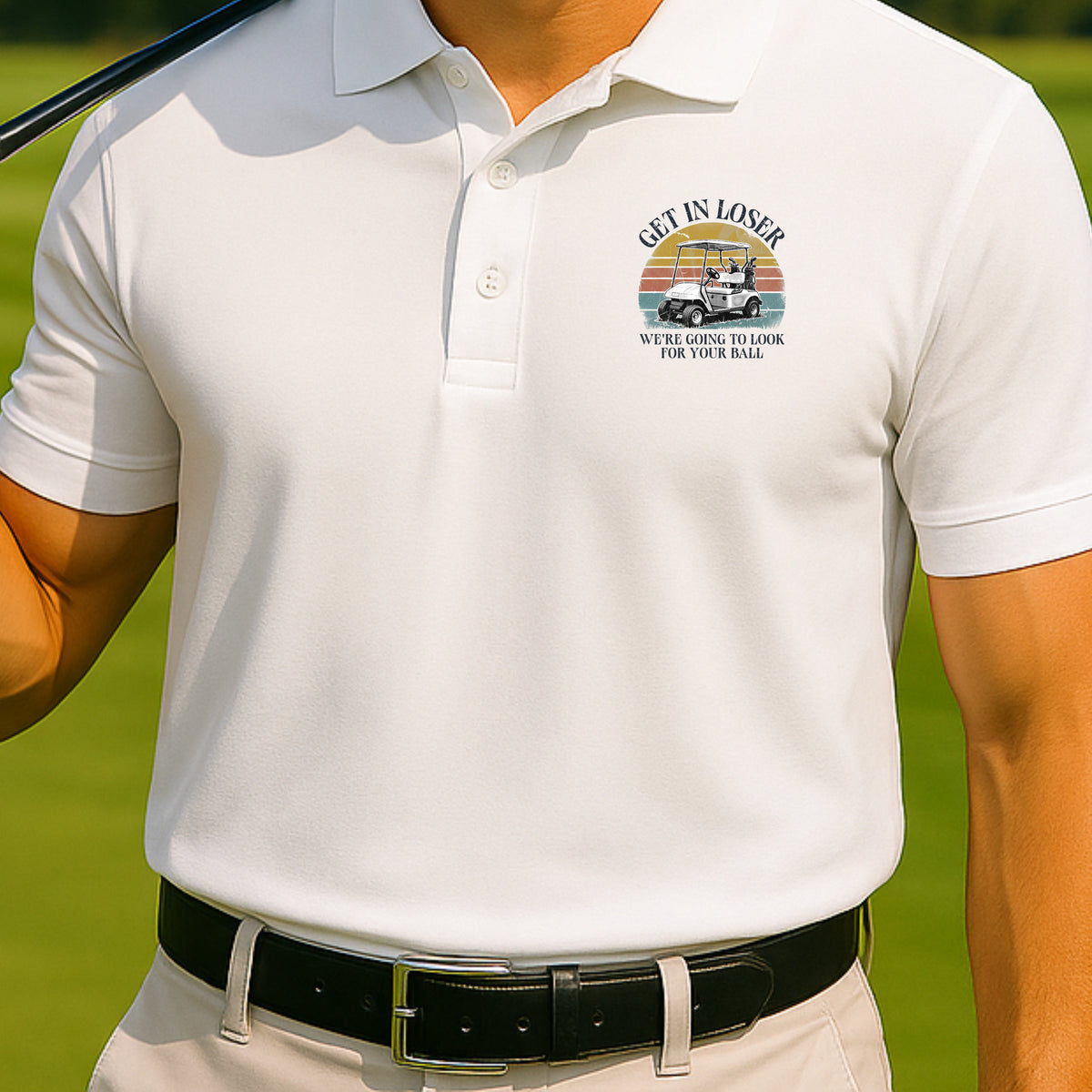Get In Loser Performance Polo worn on the golf course, White