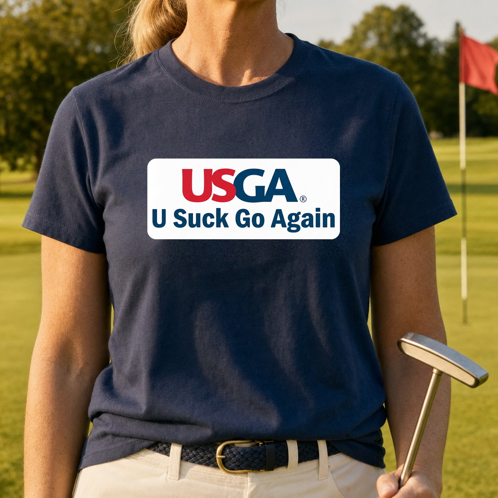 U Suck Go Again Tee worn on the golf course, Navy