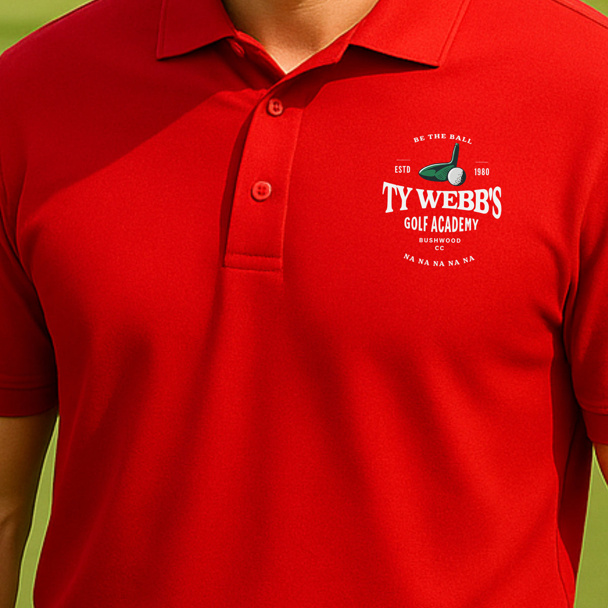 Ty Webb Golf Academy Performance Polo worn on the golf course, Red