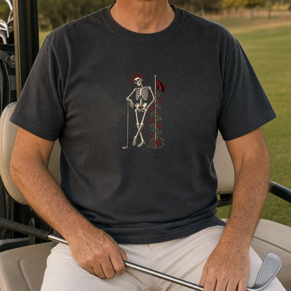 Rose Skeleton Leaning Tee worn on the golf course, Black