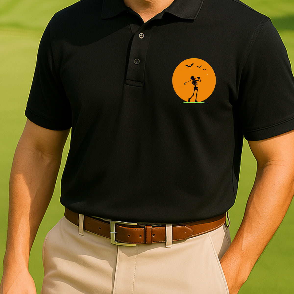Halloween Moon Performance Polo worn on the golf course, Black