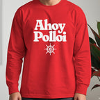 Ahoy Polloi Long Sleeve Tee worn, Red