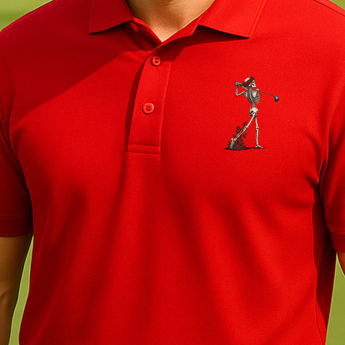 Rose Skeleton Follow Through Performance Polo worn on the golf course, Red
