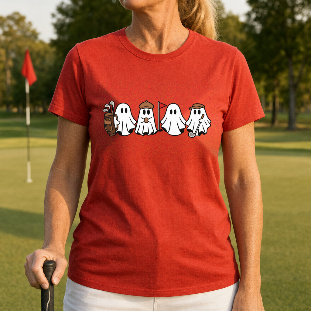 The Ghost Foursome Tee worn on the golf course, Red