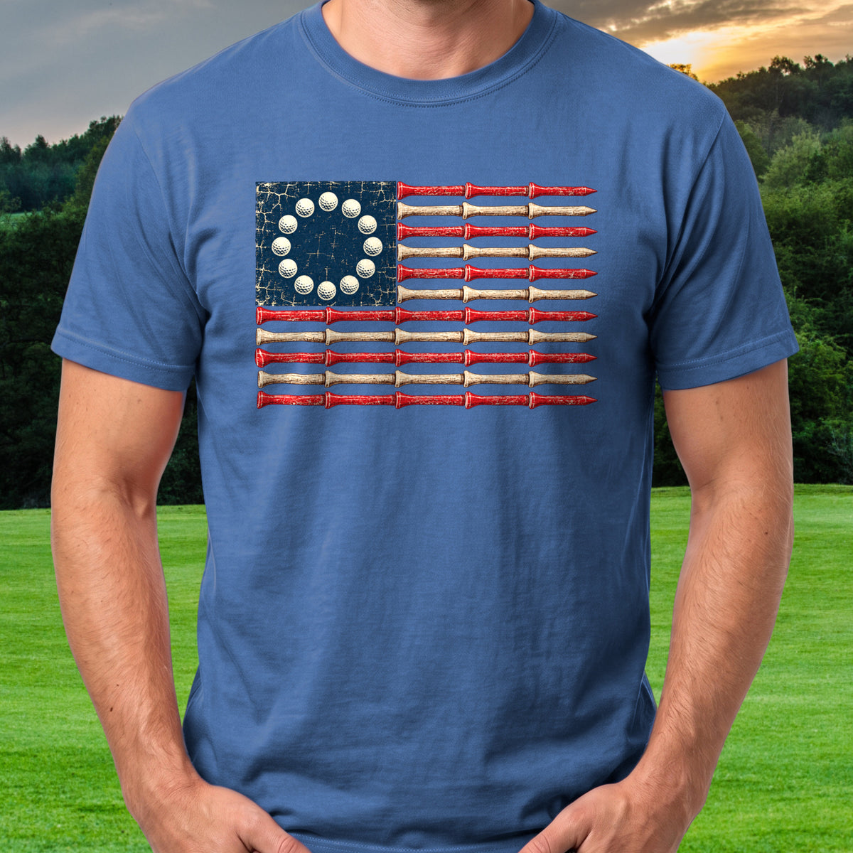 Betsy Ross Golf Flag Tee worn on the golf course, Royal