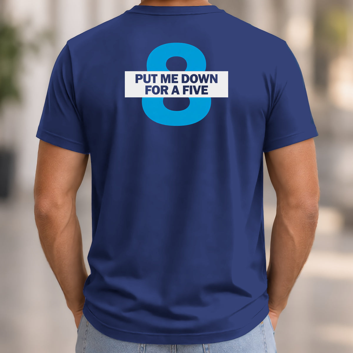 Put Me Down For a Five Back Print Tee worn, Navy