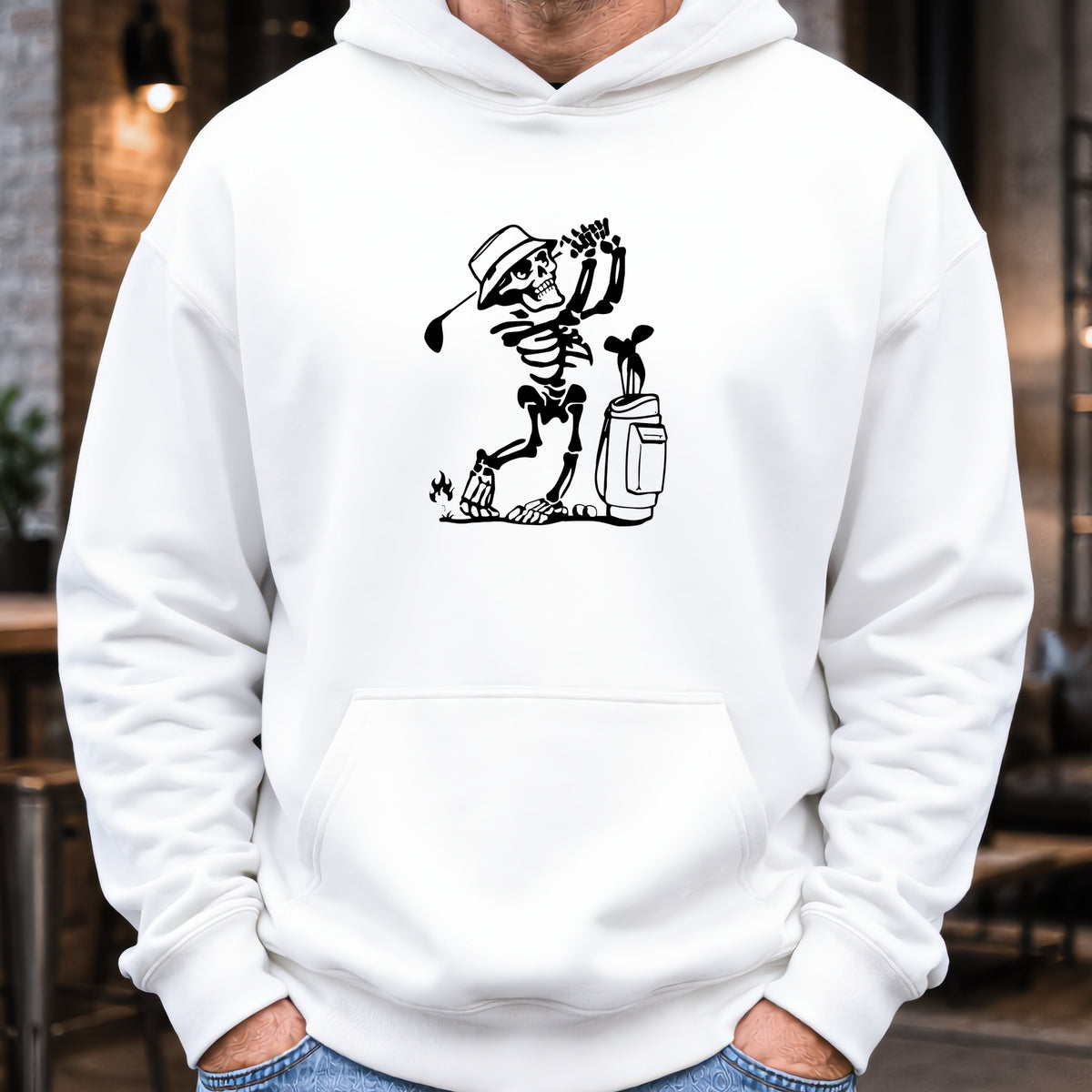 Skeleton Golfing! Hoodie worn, White