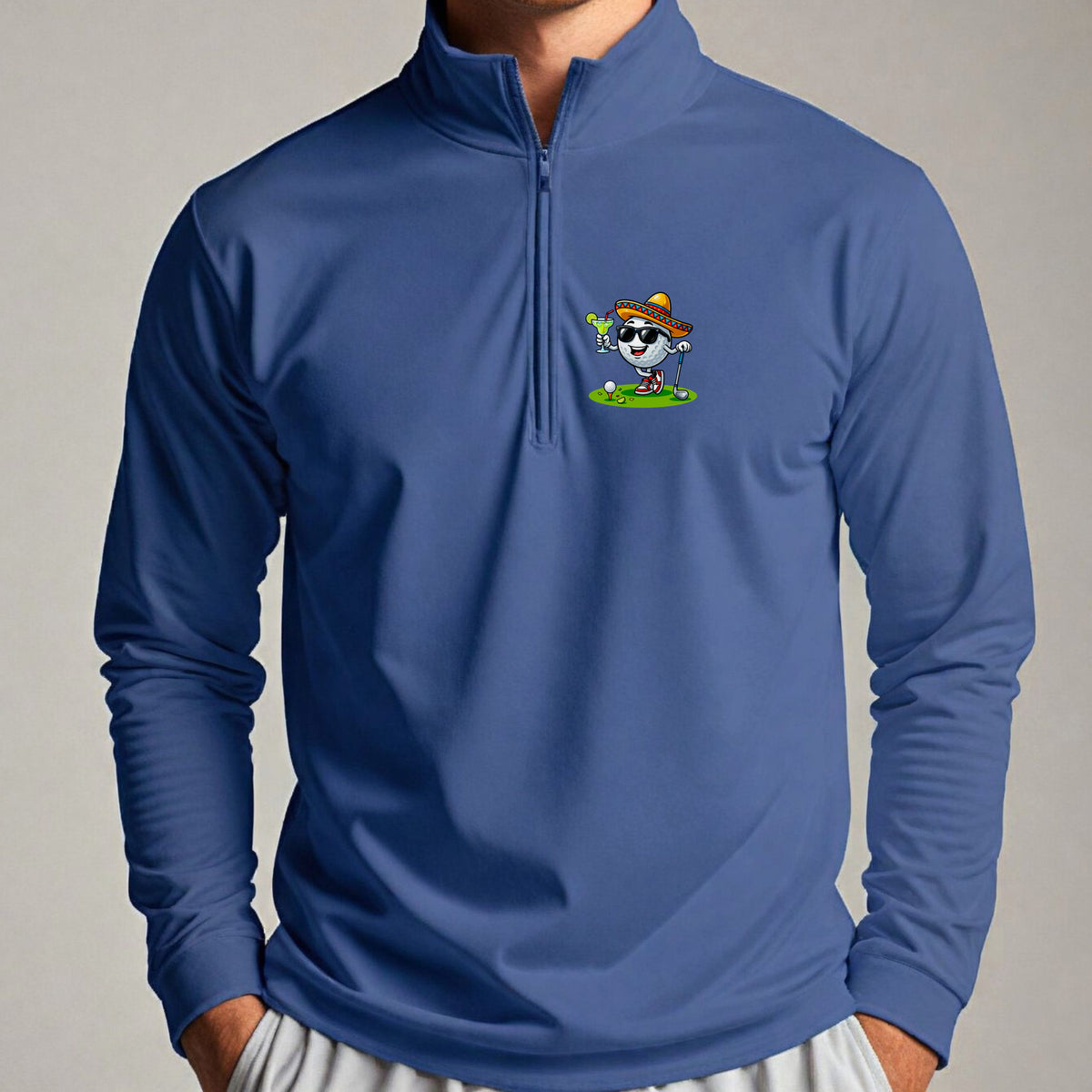 Cinco De Mayo Ball Quarter Zip worn, Royal