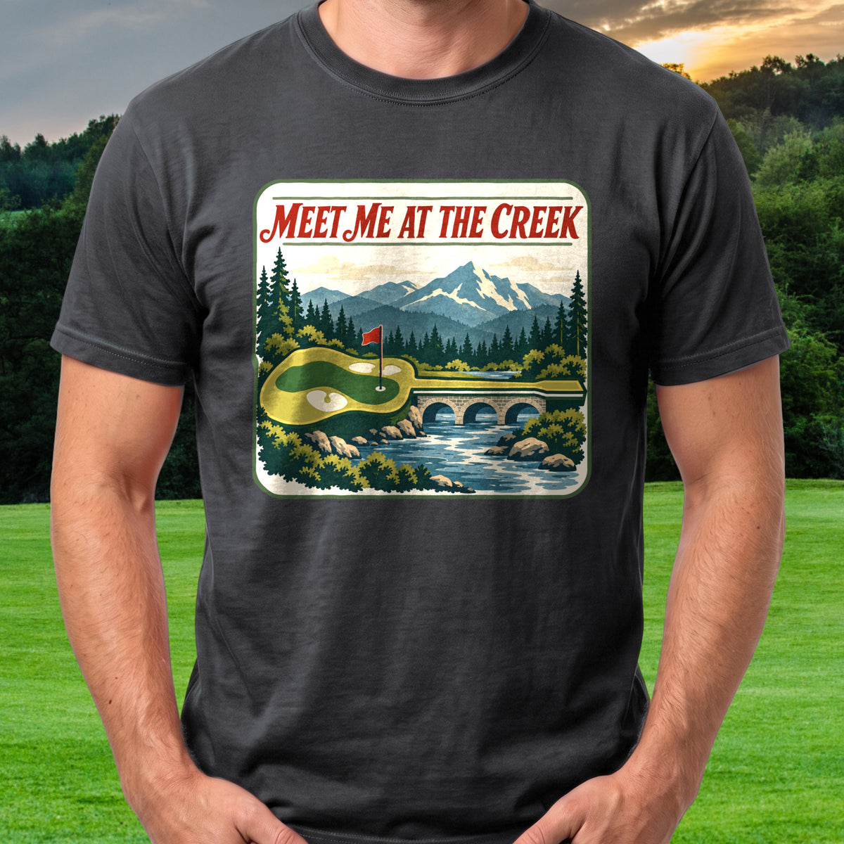 Meet Me At The Creek Travel Poster Tee worn on the golf course, Black